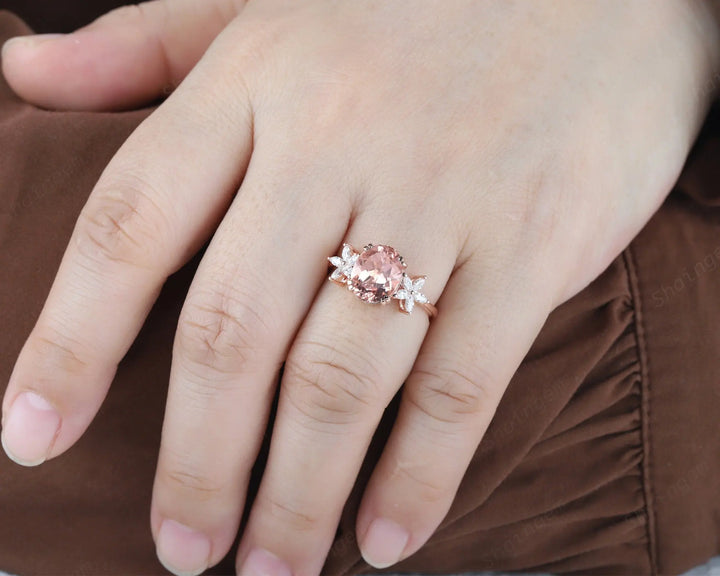 Vintage 8x10mm Oval Pink Morganite and Marquise Diamond Engagement Ring, Unique 14K Rose Gold Cluster Morganite Promise Ring, Wedding Ring - ShainJewelry