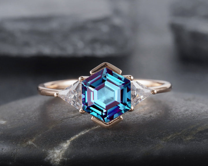 Unique Hexagon Cut Alexandrite Engagement Ring, Vintage Yellow Gold Triangle Moissanite Promise Ring, Half Bezel Three Stone Wedding Ring - ShainJewelry