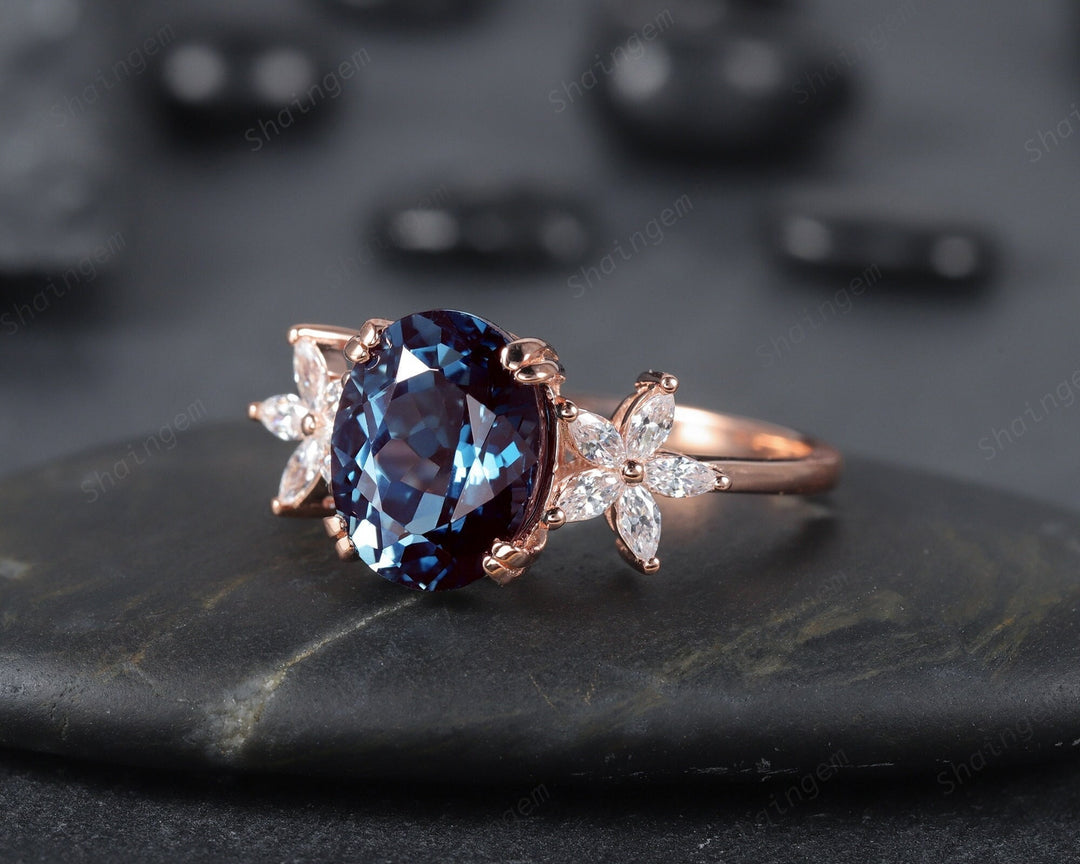 Vintage 8x10mm Oval Alexandrite and Floral Diamond Engagement Ring, Unique 14K Rose Gold June Birthstone Cluster Promise Ring, Wedding Ring - ShainJewelry