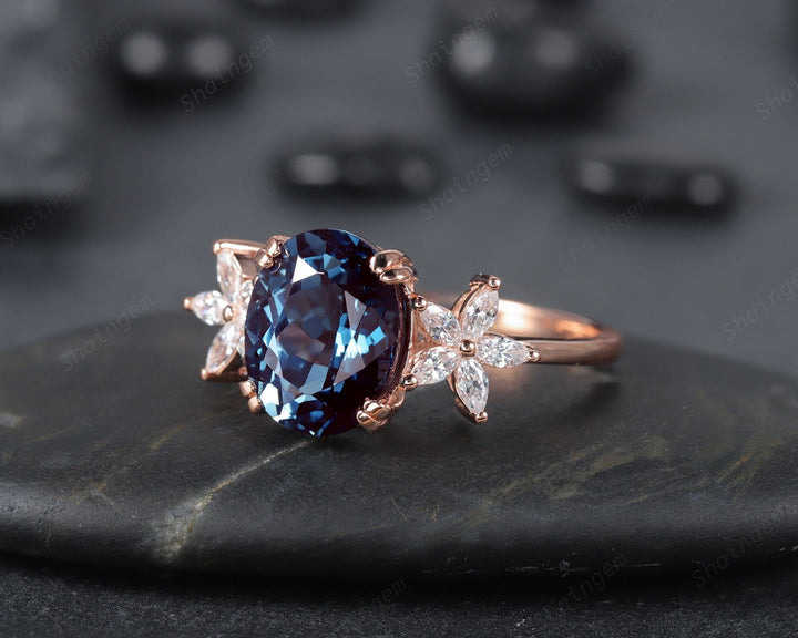 Vintage 8x10mm Oval Alexandrite and Floral Diamond Engagement Ring, Unique 14K Rose Gold June Birthstone Cluster Promise Ring, Wedding Ring - ShainJewelry