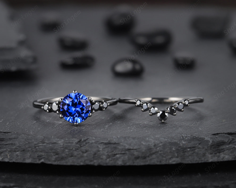 Vintage Black Gold Round Cut Blue Sapphire Engagement Ring, Black Moissanite Cornflower Blue Sapphire Wedding Set Bridal Set Promise Ring - ShainJewelry