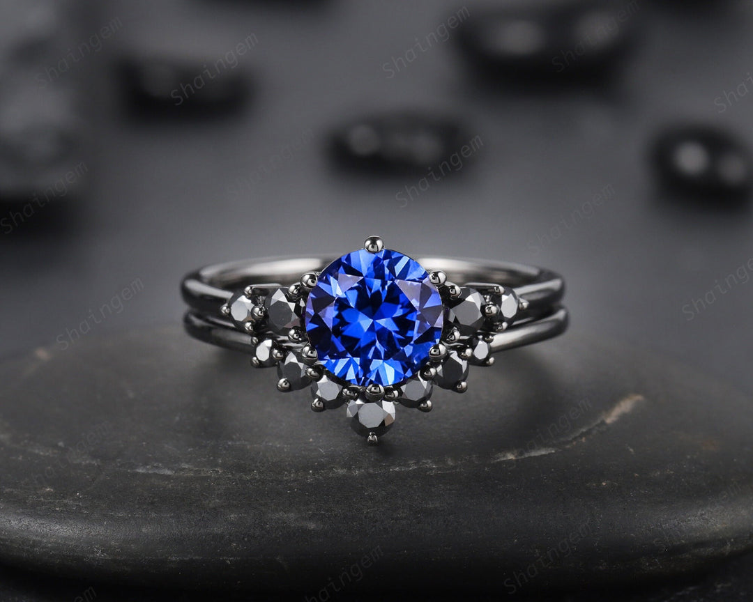 Vintage Black Gold Round Cut Blue Sapphire Engagement Ring, Black Moissanite Cornflower Blue Sapphire Wedding Set Bridal Set Promise Ring - ShainJewelry