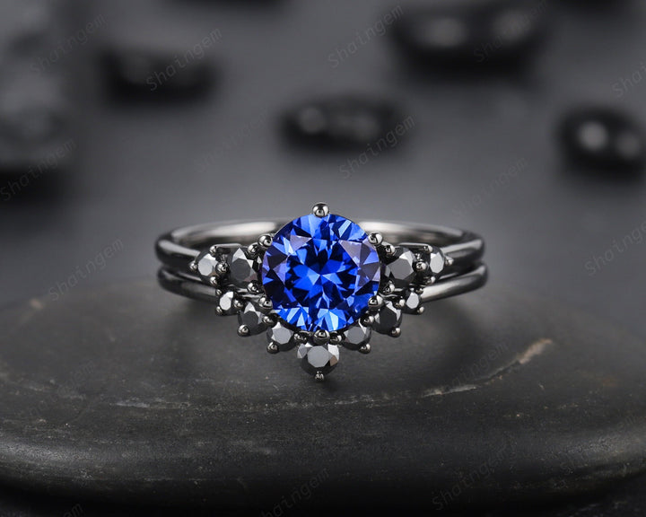 Vintage Black Gold Round Cut Blue Sapphire Engagement Ring, Black Moissanite Cornflower Blue Sapphire Wedding Set Bridal Set Promise Ring - ShainJewelry