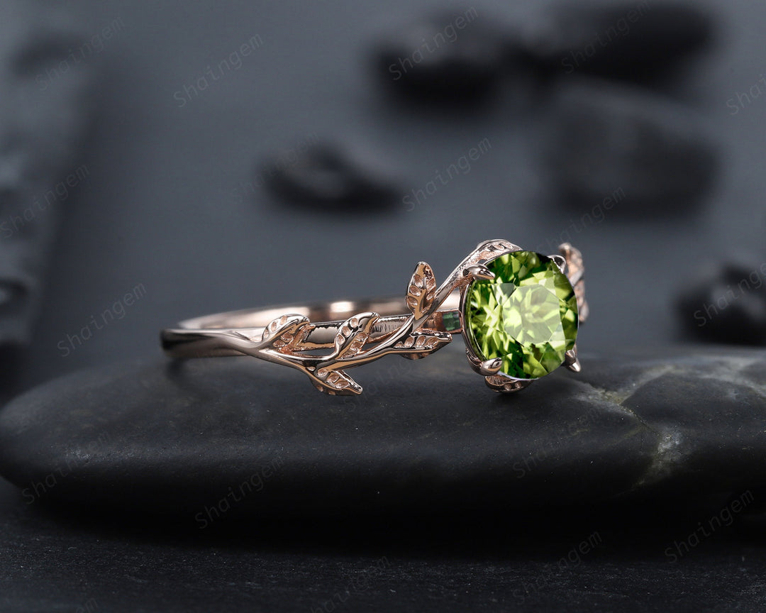 Vintage Round Cut Peridot Solitaire Engagement Ring, Leaf Peridot Promise Ring, Nature Inspired Peridot Wedding Ring, Rose Gold Ring Gift - ShainJewelry