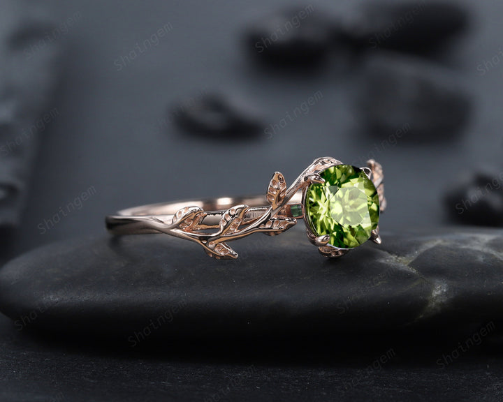 Vintage Round Cut Peridot Solitaire Engagement Ring, Leaf Peridot Promise Ring, Nature Inspired Peridot Wedding Ring, Rose Gold Ring Gift - ShainJewelry