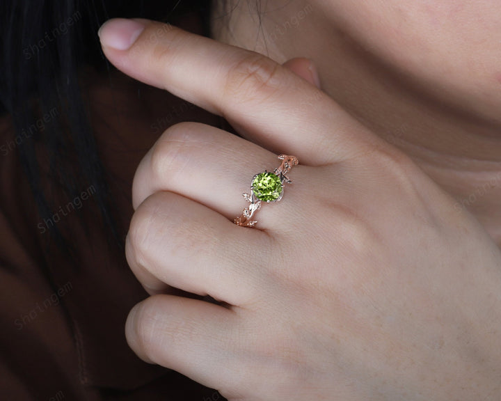 Vintage Round Cut Peridot Solitaire Engagement Ring, Leaf Peridot Promise Ring, Nature Inspired Peridot Wedding Ring, Rose Gold Ring Gift - ShainJewelry