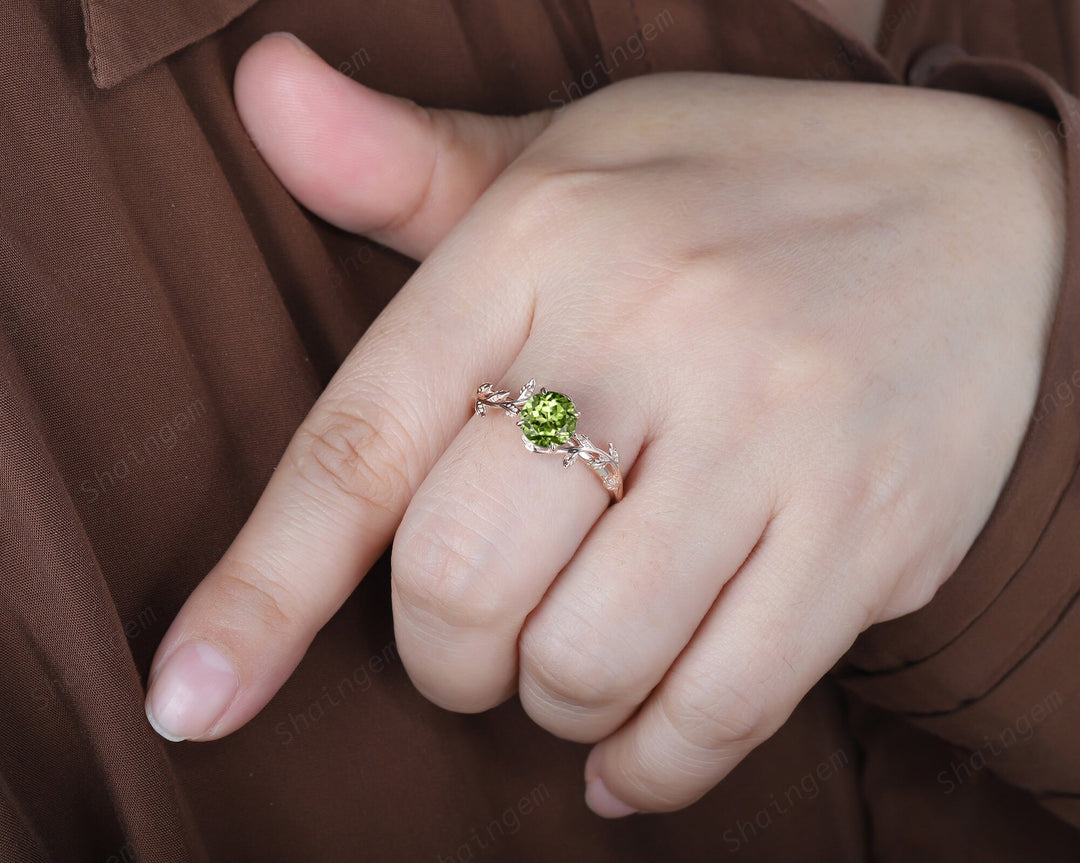 Vintage Round Cut Peridot Solitaire Engagement Ring, Leaf Peridot Promise Ring, Nature Inspired Peridot Wedding Ring, Rose Gold Ring Gift - ShainJewelry