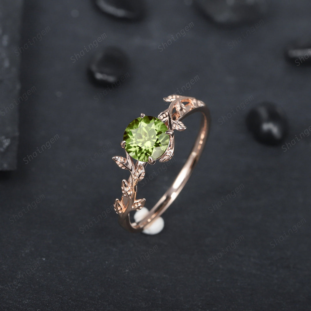 Vintage Round Cut Peridot Solitaire Engagement Ring, Leaf Peridot Promise Ring, Nature Inspired Peridot Wedding Ring, Rose Gold Ring Gift - ShainJewelry