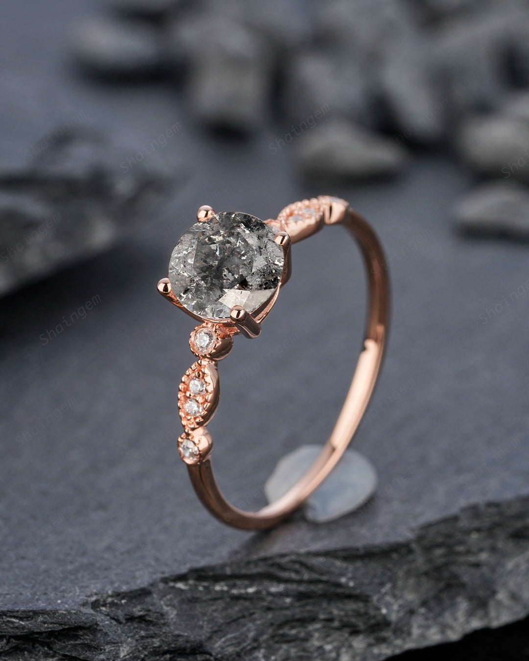 Vintage Salt and Pepper Diamond Engagement Ring, Unique 14K Rose Gold Diamond Promise Ring, Art Deco 18K Gold Gray Diamond Wedding Ring - ShainJewelry