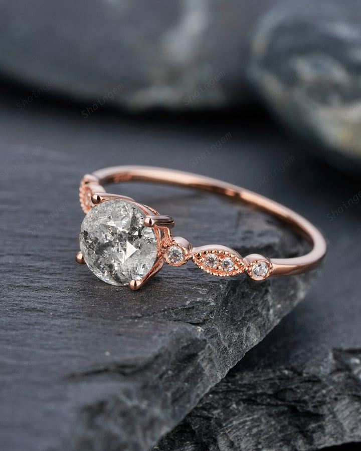 Vintage Salt and Pepper Diamond Engagement Ring, Unique 14K Rose Gold Diamond Promise Ring, Art Deco 18K Gold Gray Diamond Wedding Ring - ShainJewelry