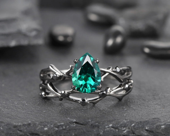 Vintage Rhodium Black Gold Pear Emerald Engagement Ring Set, Goth Emerald Wedding Promise Ring, Emerald and Black Diamond Bridal Ring Set - ShainJewelry