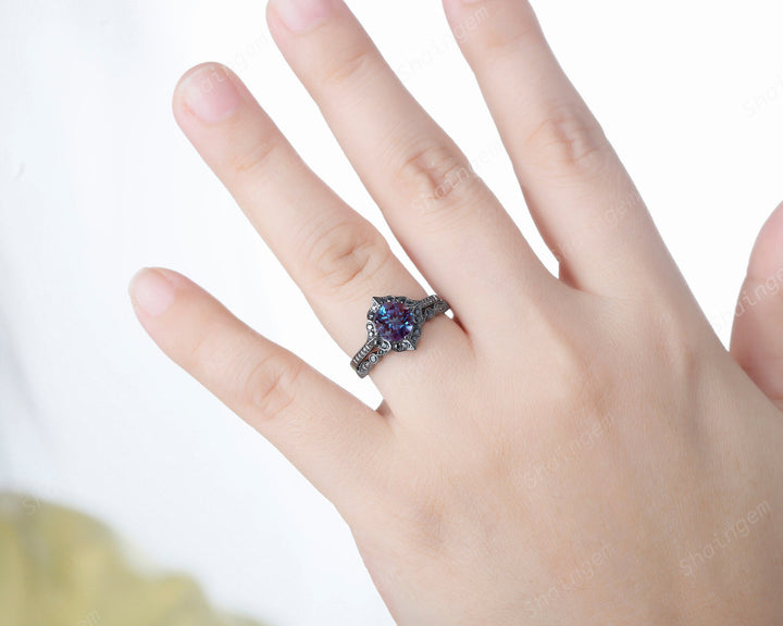 Vintage Round Alexandrite Floral Halo Engagement Ring Set, Unique Black Gold Alexandrite Promise Ring Set, Black Diamond Bridal Set Gift - ShainJewelry