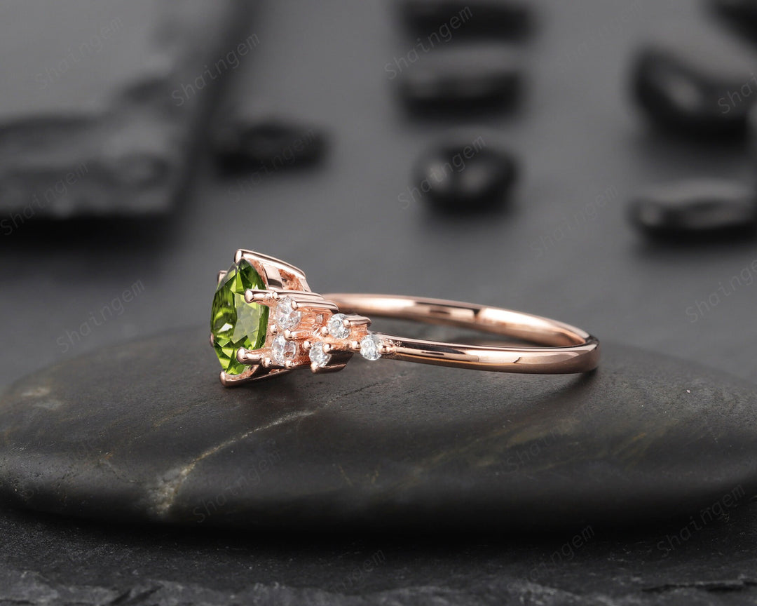 Unique Round Cut Peridot and Diamond Engagement Ring, Vintage 14K Rose Gold Cluster Promise Ring, Are Deco Wedding Anniversary Ring Gift - ShainJewelry