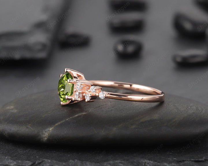 Unique Round Cut Peridot and Diamond Engagement Ring, Vintage 14K Rose Gold Cluster Promise Ring, Are Deco Wedding Anniversary Ring Gift - ShainJewelry