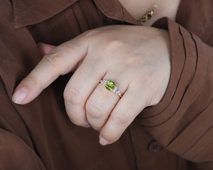 Unique Round Cut Peridot and Diamond Engagement Ring, Vintage 14K Rose Gold Cluster Promise Ring, Are Deco Wedding Anniversary Ring Gift - ShainJewelry