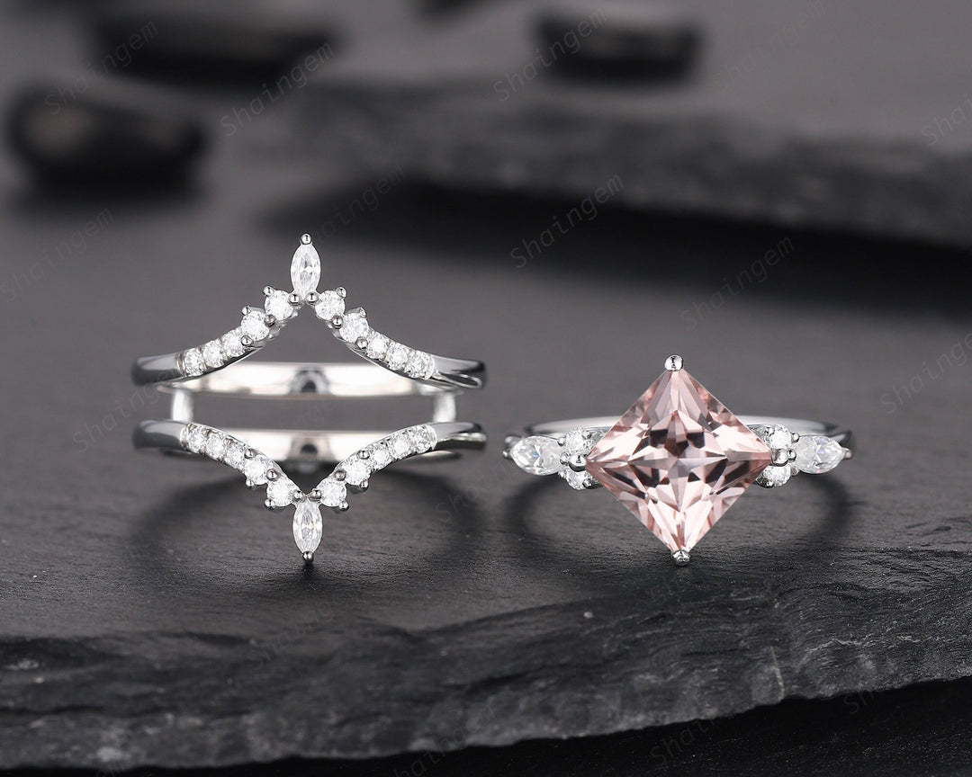 Princess Cut Pink Morganite Bridal Set Vintage Peach Morganite Engagement Ring Set Ring Guard Spacer Wedding Set Rose Gold Promise Ring - ShainJewelry