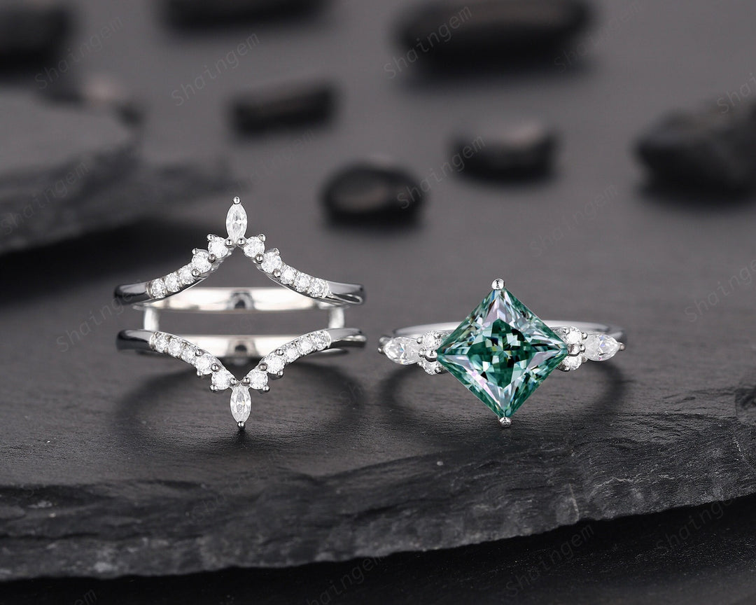 Unique Princess Cut Green Moissanite Bridal Set, Vintage Moissanite Engagement Ring Set , Moissanite Wedding Set Rose Gold Promise Ring - ShainJewelry