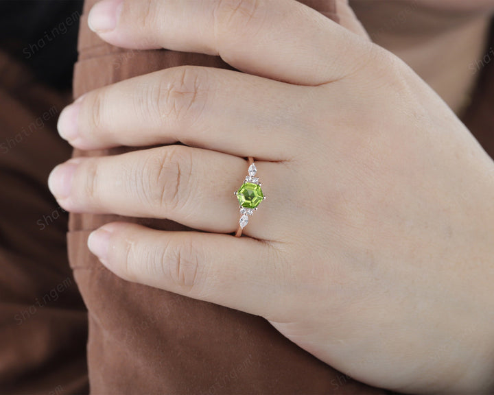 Unique Hexagon Peridot Engagement Ring Vintage Peridot and Marquise Diamond Wedding Ring Dainty 14K Rose Gold August Birthstone Promise Ring - ShainJewelry
