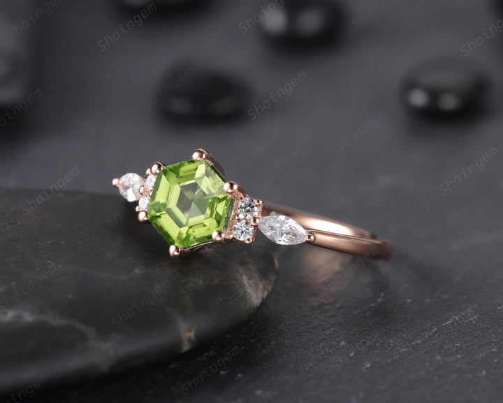 Unique Hexagon Peridot Engagement Ring Vintage Peridot and Marquise Diamond Wedding Ring Dainty 14K Rose Gold August Birthstone Promise Ring - ShainJewelry