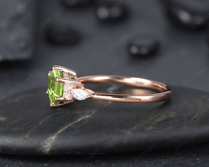 Unique Hexagon Peridot Engagement Ring Vintage Peridot and Marquise Diamond Wedding Ring Dainty 14K Rose Gold August Birthstone Promise Ring - ShainJewelry