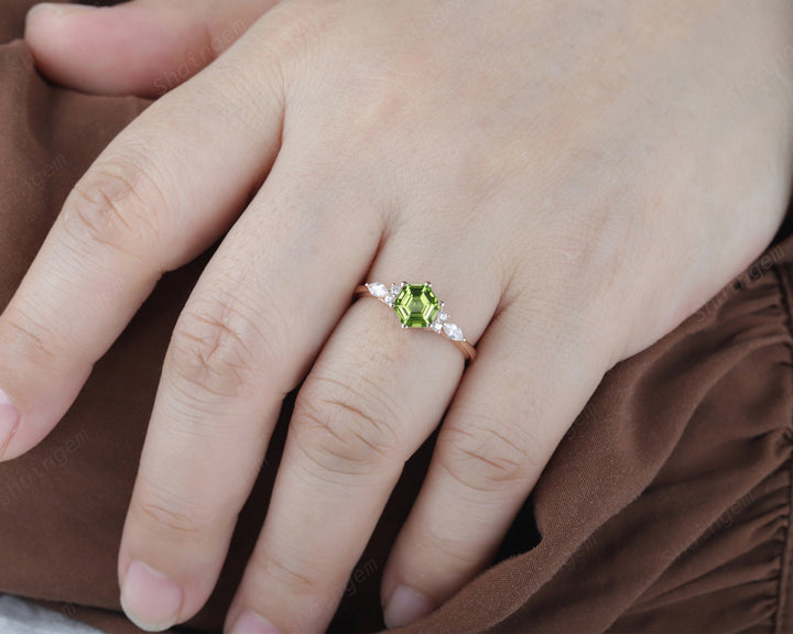 Unique Hexagon Peridot Engagement Ring Vintage Peridot and Marquise Diamond Wedding Ring Dainty 14K Rose Gold August Birthstone Promise Ring - ShainJewelry