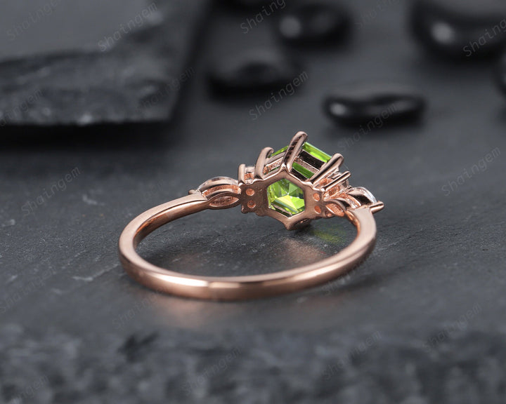Unique Hexagon Peridot Engagement Ring Vintage Peridot and Marquise Diamond Wedding Ring Dainty 14K Rose Gold August Birthstone Promise Ring - ShainJewelry