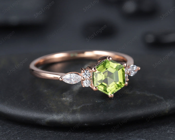 Unique Hexagon Peridot Engagement Ring Vintage Peridot and Marquise Diamond Wedding Ring Dainty 14K Rose Gold August Birthstone Promise Ring - ShainJewelry
