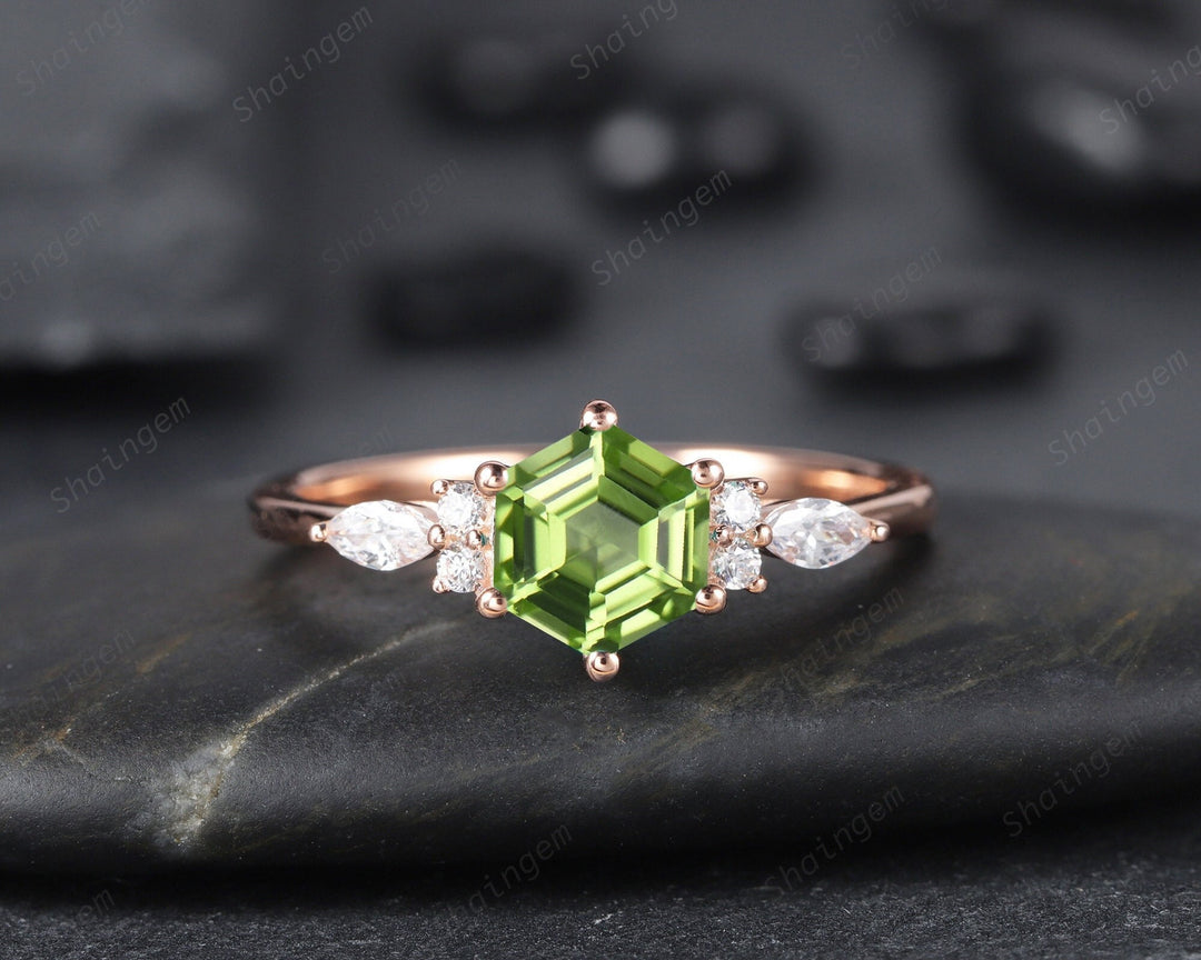 Unique Hexagon Peridot Engagement Ring Vintage Peridot and Marquise Diamond Wedding Ring Dainty 14K Rose Gold August Birthstone Promise Ring - ShainJewelry