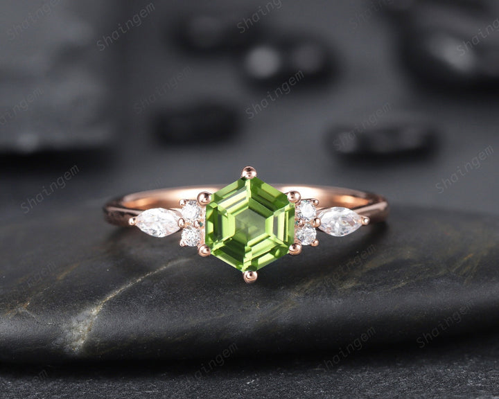 Unique Hexagon Peridot Engagement Ring Vintage Peridot and Marquise Diamond Wedding Ring Dainty 14K Rose Gold August Birthstone Promise Ring - ShainJewelry