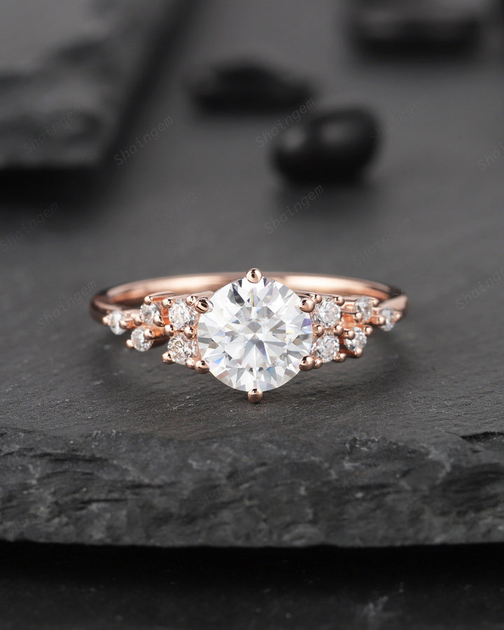 1.2CT Unique Round Cluster Moissanite Ring Diamond Engagement Ring, 14K Rose Gold Moissanite Promise Wedding Anniversary Ring Gift For Women - ShainJewelry