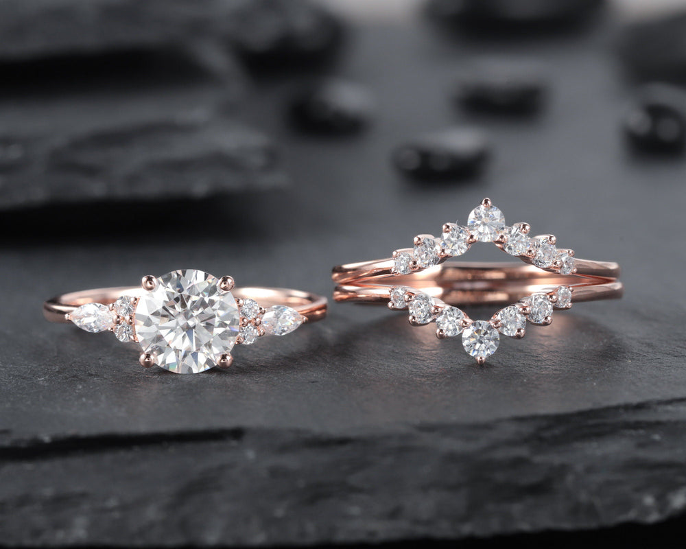 3PCS Round Shape Moissanite Engagement Ring Set, Vintage 14k 18k Rose Gold Halo Moissanite Wedding Anniversary Ring Set Promise Ring Gift - ShainJewelry