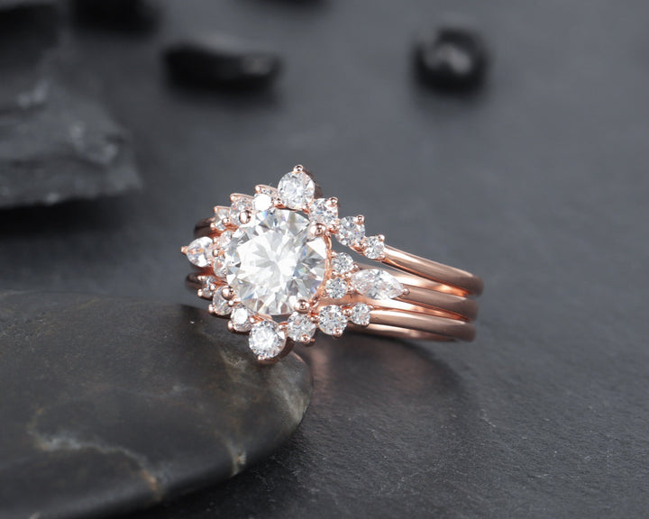 3PCS Round Shape Moissanite Engagement Ring Set, Vintage 14k 18k Rose Gold Halo Moissanite Wedding Anniversary Ring Set Promise Ring Gift - ShainJewelry