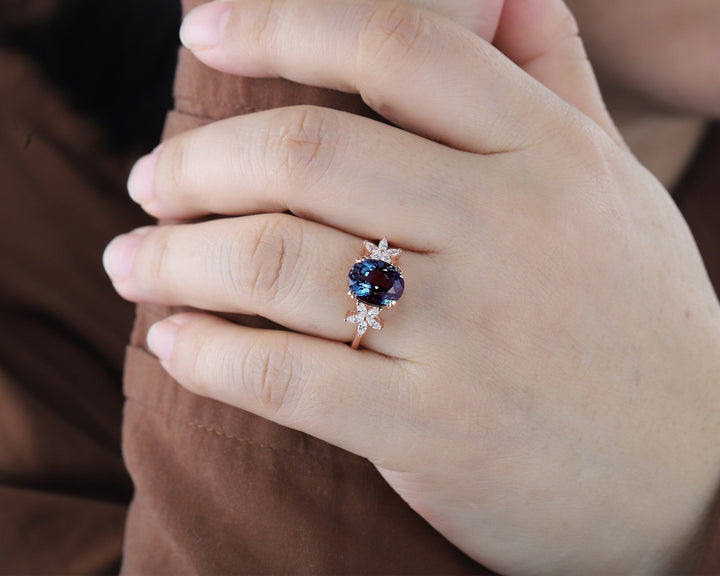 Vintage 8x10mm Oval Alexandrite and Floral Diamond Engagement Ring, Unique 14K Rose Gold June Birthstone Cluster Promise Ring, Wedding Ring - ShainJewelry