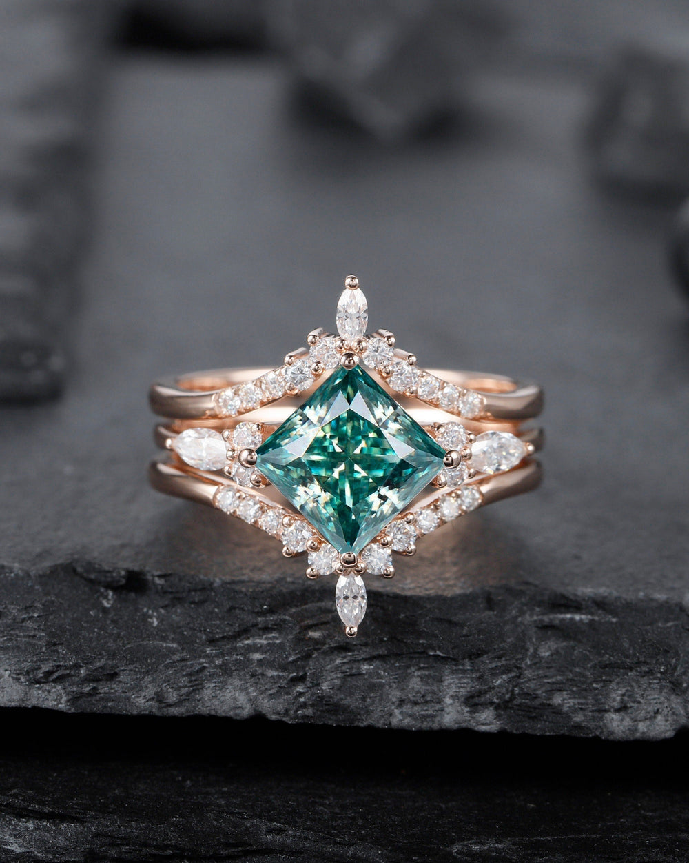 Unique Princess Cut Green Moissanite Bridal Set, Vintage Moissanite Engagement Ring Set , Moissanite Wedding Set Rose Gold Promise Ring - ShainJewelry