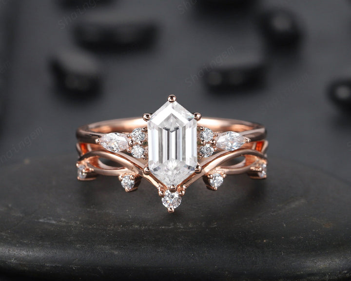 Vintage Long Hexagon Moissanite Engagement Ring Set, Unique 14K 18K Rose Gold Moissanite Bridal set, Promise Ring Wedding Ring Gift for her - ShainJewelry