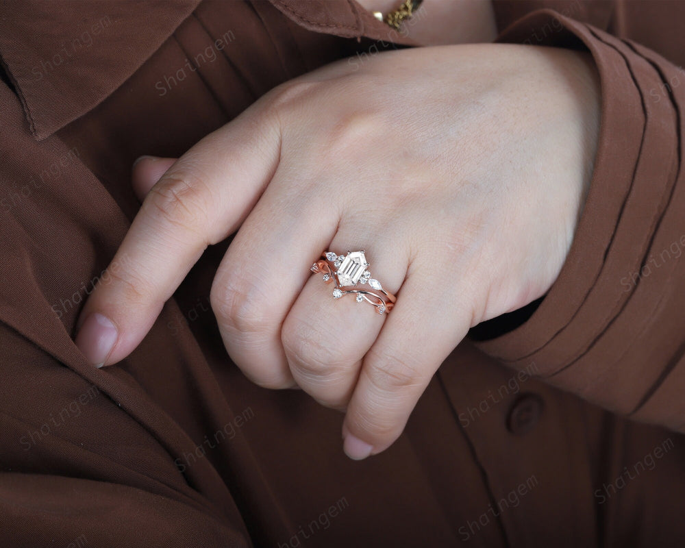 Vintage Long Hexagon Moissanite Engagement Ring Set, Unique 14K 18K Rose Gold Moissanite Bridal set, Promise Ring Wedding Ring Gift for her - ShainJewelry