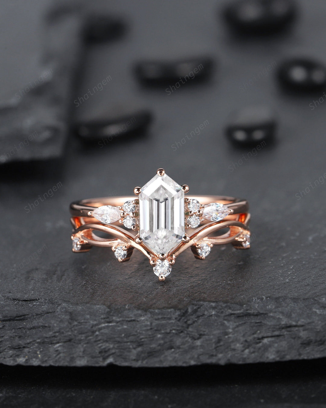 Vintage Long Hexagon Moissanite Engagement Ring Set, Unique 14K 18K Rose Gold Moissanite Bridal set, Promise Ring Wedding Ring Gift for her - ShainJewelry