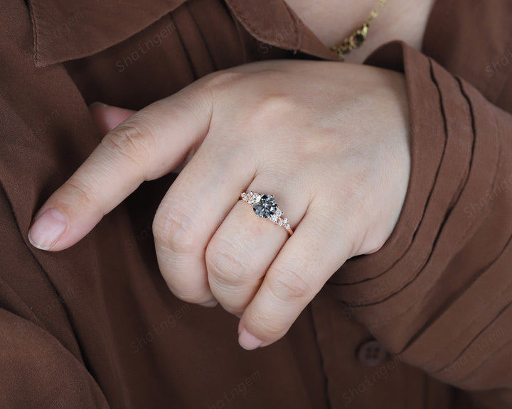 Unique Round Cluster Gray Moissanite Engagement Ring, 14K Rose Gold Grey Moissanite Promise Wedding Ring, Art Deco Anniversary Ring For her - ShainJewelry