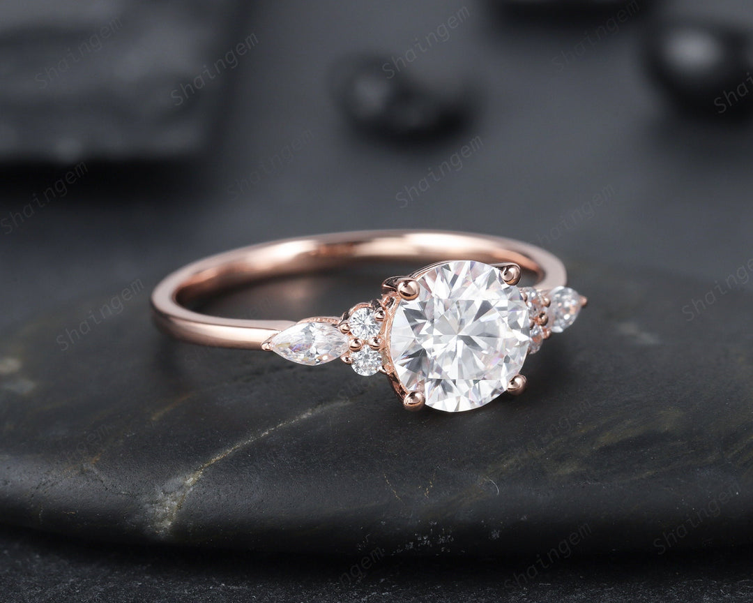 Unique 1.2CT Round Cut Moissanite Ring Engagement Ring,14k Rose Gold Moissanite and Diamond Promise Wedding Anniversary Ring Gift For Women - ShainJewelry
