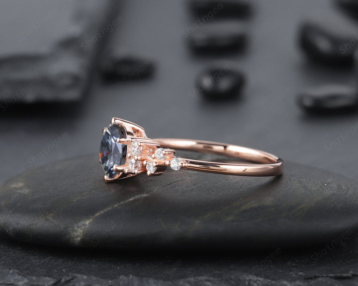 Unique Round Cluster Gray Moissanite Engagement Ring, 14K Rose Gold Grey Moissanite Promise Wedding Ring, Art Deco Anniversary Ring For her - ShainJewelry