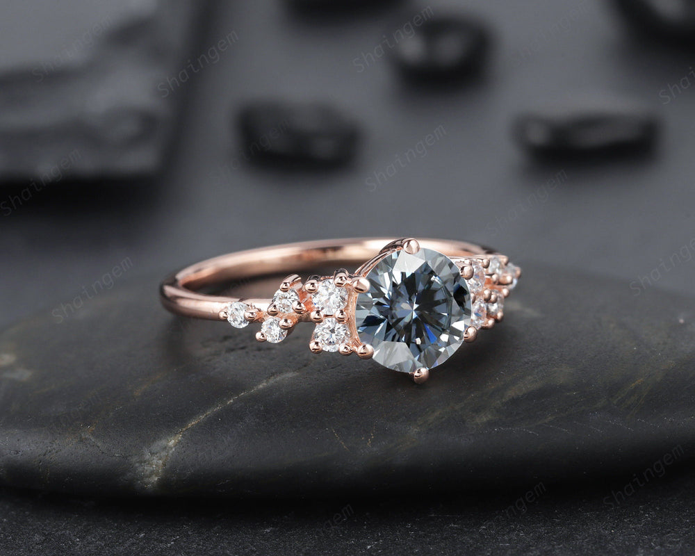 Unique Round Cluster Gray Moissanite Engagement Ring, 14K Rose Gold Grey Moissanite Promise Wedding Ring, Art Deco Anniversary Ring For her - ShainJewelry