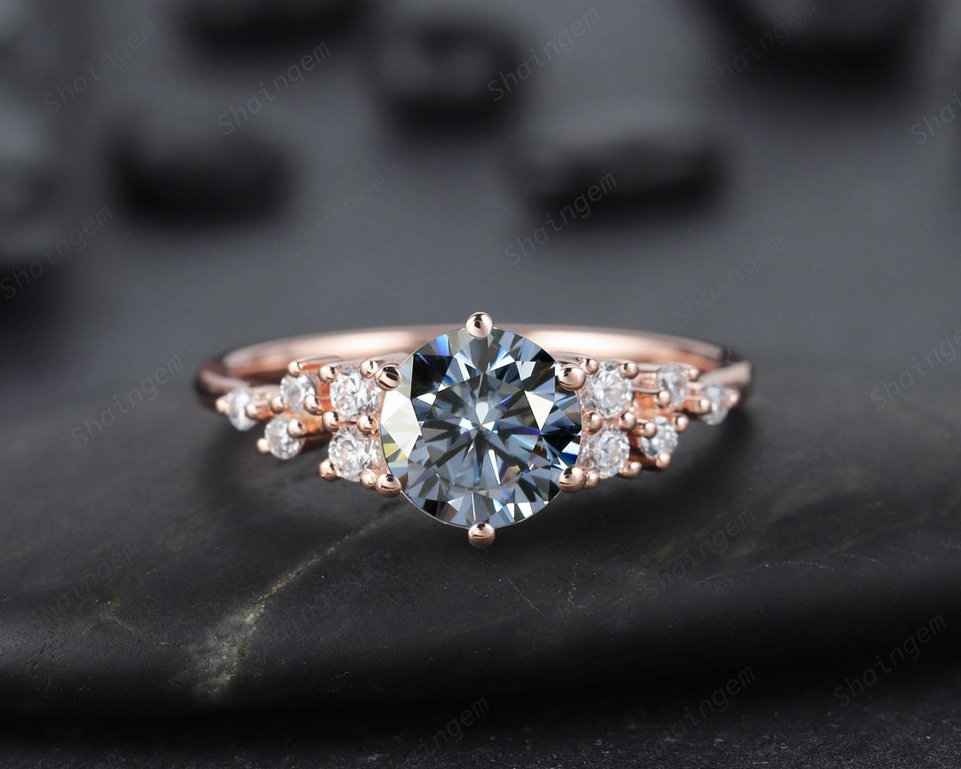 Unique Round Cluster Gray Moissanite Engagement Ring, 14K Rose Gold Grey Moissanite Promise Wedding Ring, Art Deco Anniversary Ring For her - ShainJewelry