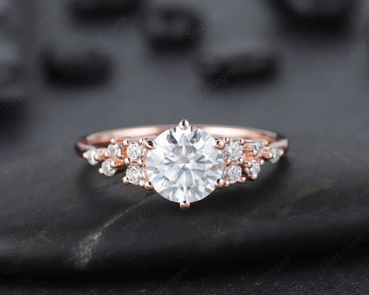 1.2CT Unique Round Cluster Moissanite Ring Diamond Engagement Ring, 14K Rose Gold Moissanite Promise Wedding Anniversary Ring Gift For Women - ShainJewelry