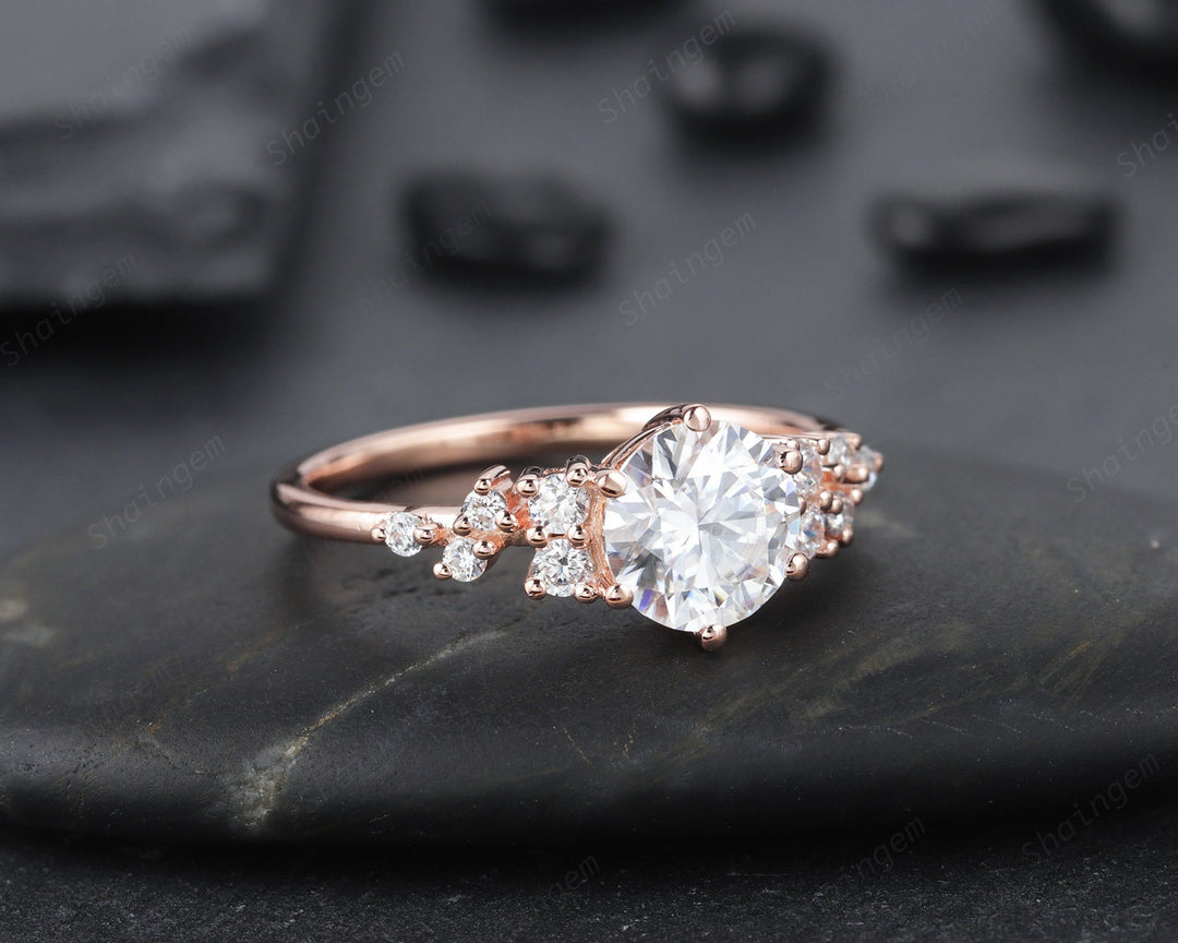 1.2CT Unique Round Cluster Moissanite Ring Diamond Engagement Ring, 14K Rose Gold Moissanite Promise Wedding Anniversary Ring Gift For Women - ShainJewelry