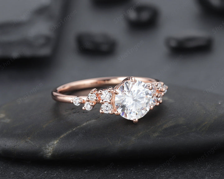 1.2CT Unique Round Cluster Moissanite Ring Diamond Engagement Ring, 14K Rose Gold Moissanite Promise Wedding Anniversary Ring Gift For Women - ShainJewelry