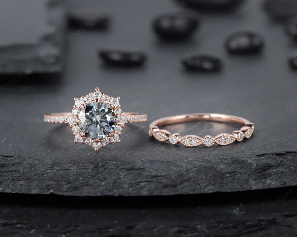 Vintage Round Cut Gray Moissanite Engagement Ring Set Rose Gold Floral Halo Grey Moissanite Wedding Promise Ring Bridal Set Anniversary Gift - ShainJewelry