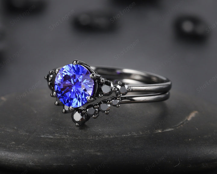 Vintage Black Gold Round Cut Blue Sapphire Engagement Ring, Black Moissanite Cornflower Blue Sapphire Wedding Set Bridal Set Promise Ring - ShainJewelry