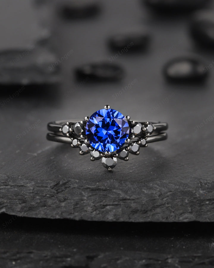 Vintage Black Gold Round Cut Blue Sapphire Engagement Ring, Black Moissanite Cornflower Blue Sapphire Wedding Set Bridal Set Promise Ring - ShainJewelry