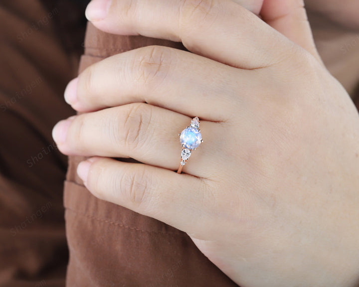 Vintage Round Shape Moonstone Engagement Ring, Unique 14k Rose Gold Pear Moissanite Promise Ring, Five Stone Wedding Ring Gift for her Gift - ShainJewelry