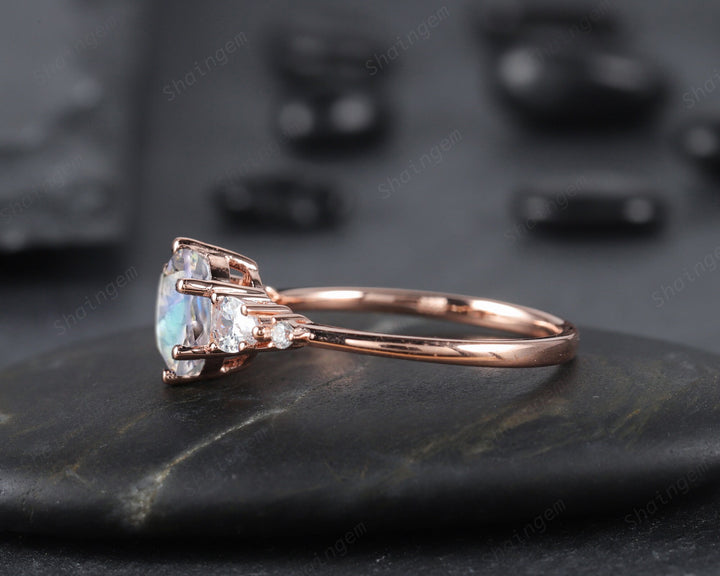 Vintage Round Shape Moonstone Engagement Ring, Unique 14k Rose Gold Pear Moissanite Promise Ring, Five Stone Wedding Ring Gift for her Gift - ShainJewelry
